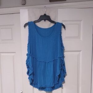 Beautiful Blue Linen/Cotton Blend Sleeveless Blouse Rounded Hem Slits Size Large